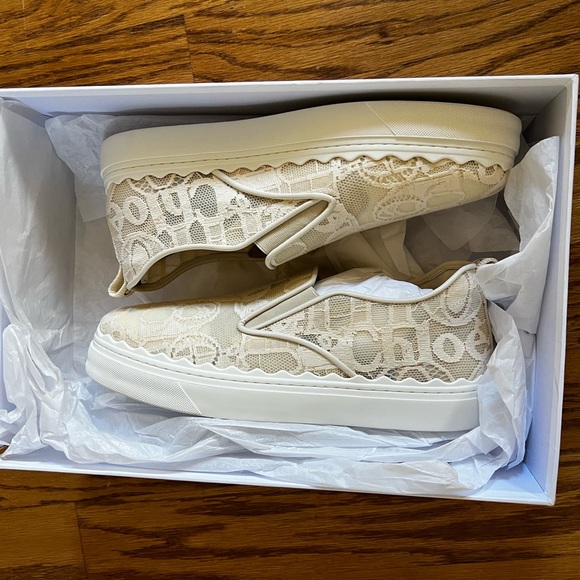 😊SOLD😊 Chloe Lauren beige Lace-covered Leather Trainers In size 41 - Picture 4 of 13